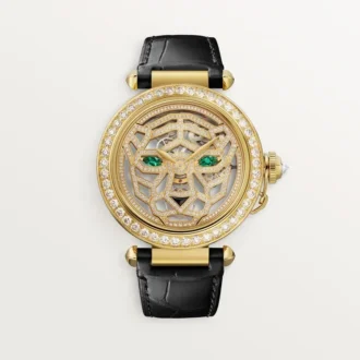 Andre Panthere smykkeure – 41 mm, mekanisk urværk med håndoptræk, 18 karat gult guld, diamanter, udskiftelige læderremme – Cartier