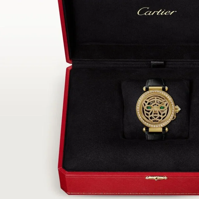 Andre Panthere smykkeure – 41 mm, mekanisk urværk med håndoptræk, 18 karat gult guld, diamanter, udskiftelige læderremme – Cartier Andre Panthere smykkeure – 41 mm, mekanisk urværk med håndoptræk, 18 karat gult guld, diamanter, udskiftelige læderremme – Cartier