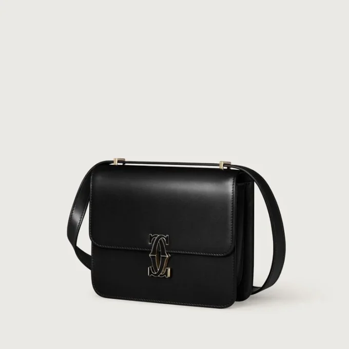 Skuldertaske, Mini, Double C De Cartier – Sort kalveskind, guld og sort emaljefinish – Cartier Skuldertaske, Mini, Double C De Cartier – Sort kalveskind, guld og sort emaljefinish – Cartier